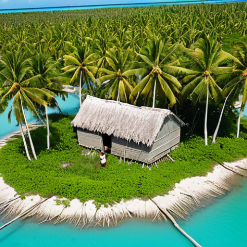 Daily Struggles and Saltwater Invasion**
An aerial view of a traditional Kiribati village partially submerged by rising sea levels. Saltwater visibly encroaches on cultivated taro fields, turning leaves yellow. Focus on a distressed but resilient I-Kiribati family near their humble home, perhaps attempting to collect rainwater from a makeshift system. The scene balances the idyllic tropical beauty of blue lagoons and palm trees with the stark reality of environmental threat.

**